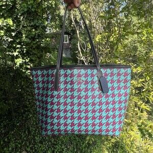 COACH City Tote Teal/Burgundy Houndstooth w Silver Hardware Shoulder Bag